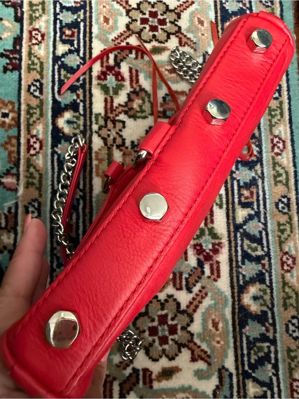 Red Leather Shoulder Bag with Silver Hardware
